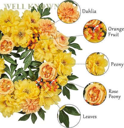 WELL KNOWN Flowering Wreaths for Front Door, Silk Peony Wreath for Front Door Porch & Indoor Wall Window, Fall Winter Wreath for Thanksgiving Farmhouse Party Veterans Day Home Decor (Yellow Orange)