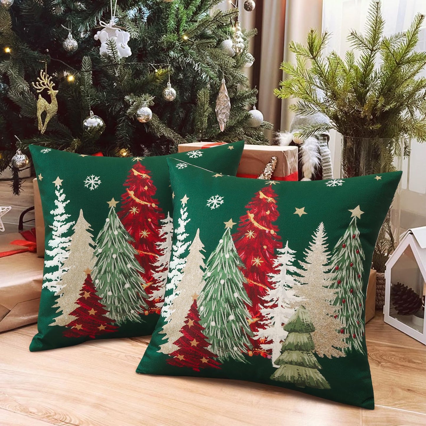 Artscope Christmas Tree Throw Pillow Covers 18x18 Inch Set of 2, Winter Hoilday Christmas Decoration Pillow Cases for Home Decor-Green