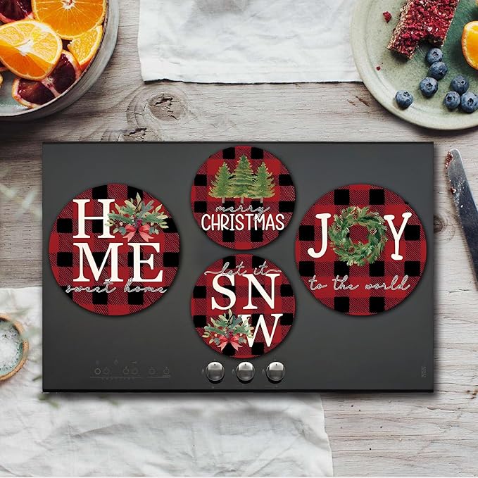Red and Black Pattern Stove Burner Covers, Christmas Gas Stove Burner Covers 8 ＆10 Inches Stove Top Covers Electric Stove 4 Metal Stove Cover Gas Stove Top Cover, Xmas Home Joy Cooktop Decorative