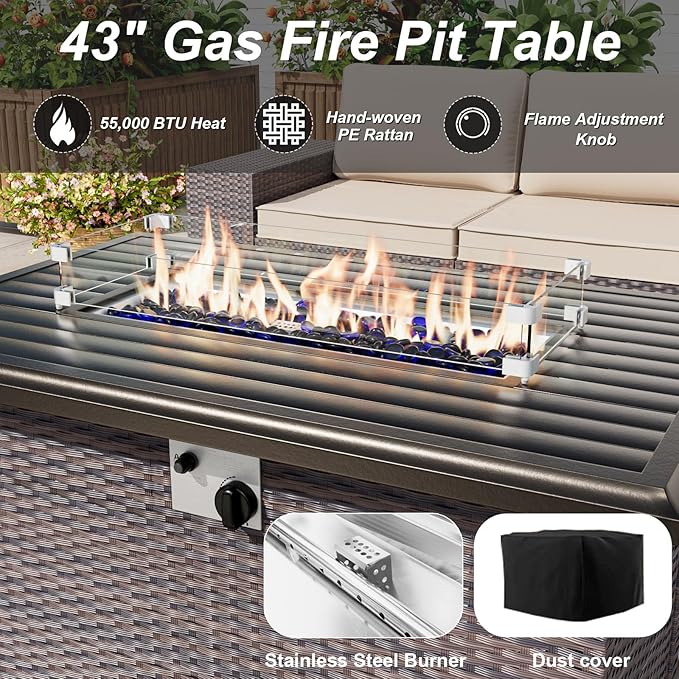ALAULM 13 Pieces Patio Furniture Set with 2 Swivel Chairs Patio Furniture Outdoor Sectional Sofas with 55000 Gas Fire Pit Patio Conversation Set w/10 Cushions-Sand