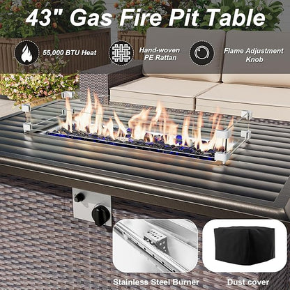 ALAULM 13 Pieces Patio Furniture Set with 2 Swivel Chairs Patio Furniture Outdoor Sectional Sofas with 55000 Gas Fire Pit Patio Conversation Set w/10 Cushions-Sand