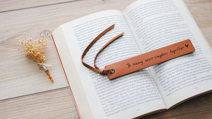 Engraved Leather Bookmark - to Many More Chapters Together, Book Club Reading Page Marker, Gift for Book Lover Nerd Bookworm Wife Girlfriend Fiance Third Year Wedding Anniversary Engagement