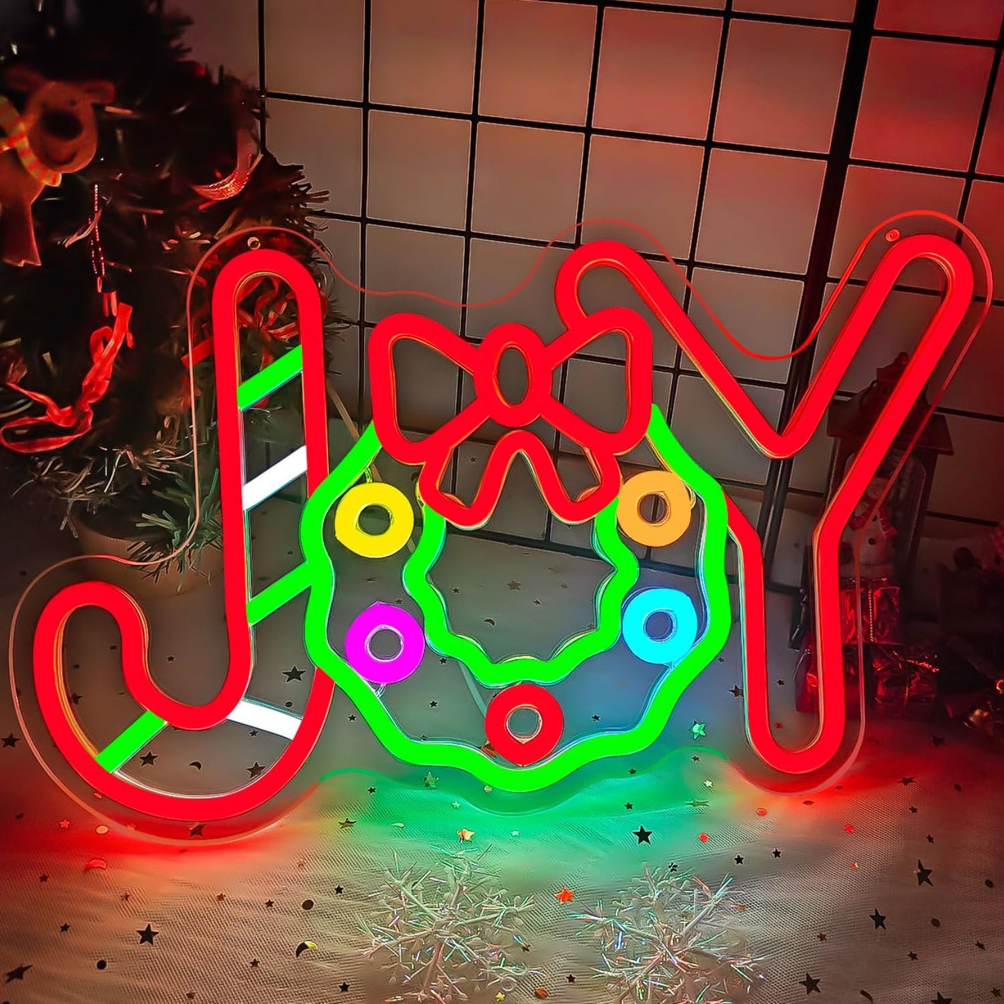 Neon Sign Christmas Joy Led Sign Candy Neon Decorations Dimmable Light Up Sign for Party Bedroom Kids Gift Living Room Winter Home