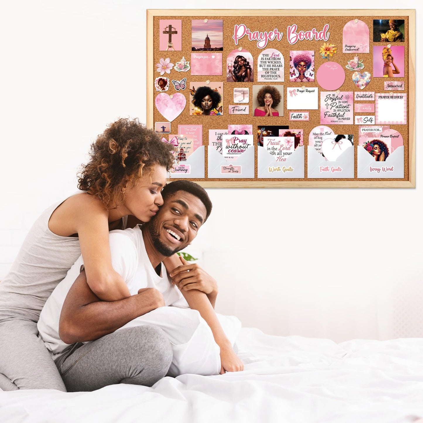 Black Women Prayer Board Kit - Vemfare 162 Pcs Prayer Board Stickers Supplies with Pins Envelope Bible Verse Quotes Cards, Pink Scrapbook Stickers, Bible Study Supplies for Women (Not Cork Board)