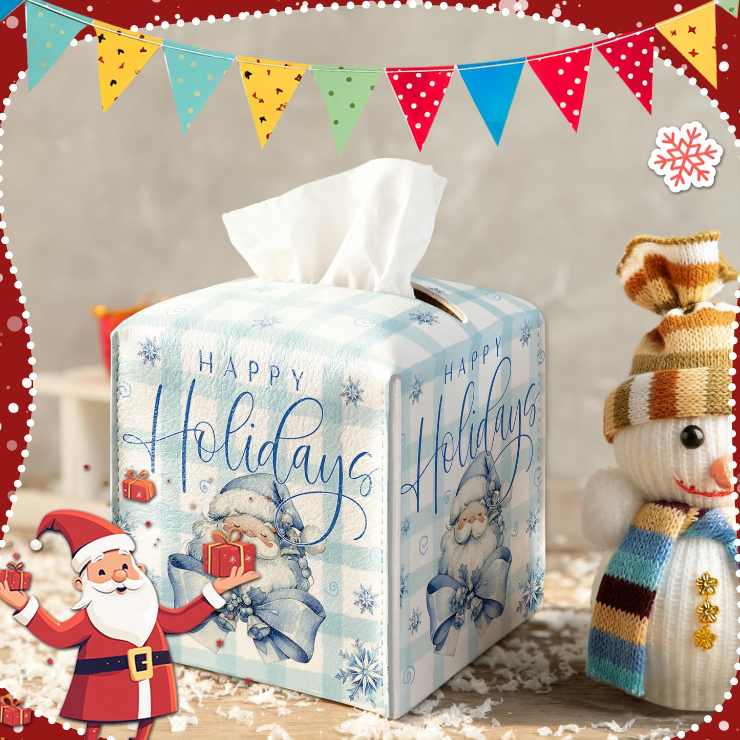 Happy Holidays Box Cover Square, Santa Claus Blue Checkered Decorative Tissue Box Holder, Waterproof Leather Tissues Boxes Dispenser for Bathroom, Office, Car, Bedroom Nightstand, Home Decor