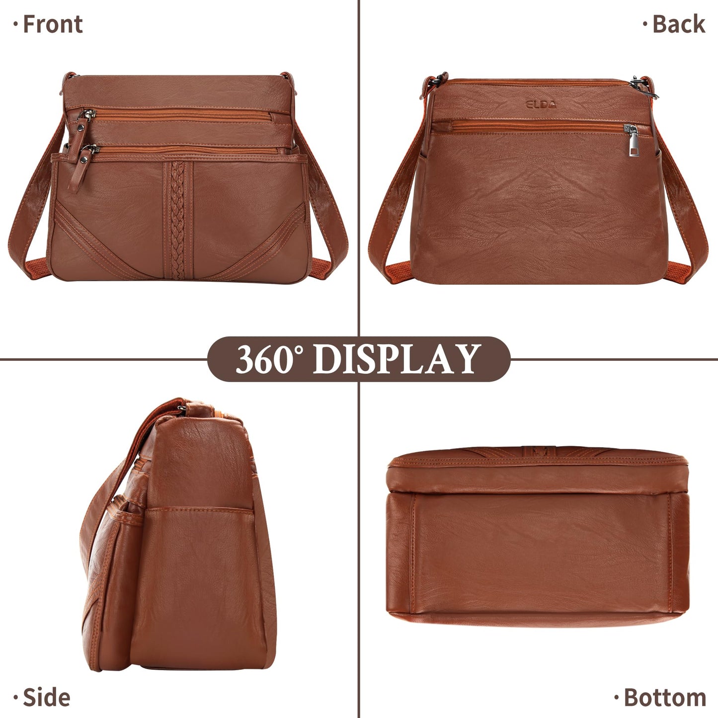 ELDA Crossbody Bags For Women Pocketbooks Soft PU Leather Purses and Handbags Multi Pocket Shoulder Bag (Amber Brown)