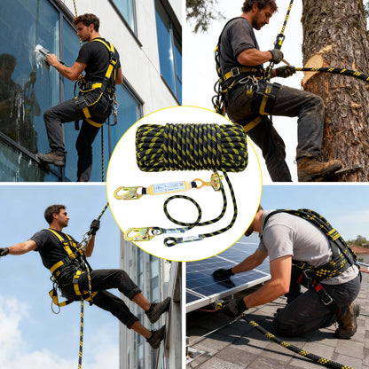 Meyoppm 100FT Vertical Lifeline Assembly, Heavy Duty Fall Protection Safety Rope with Rope Grab, Steel Snap Hooks & Shock Absorber, Tree Climbing High-Altitude Safety Line Kit, ANSI CE