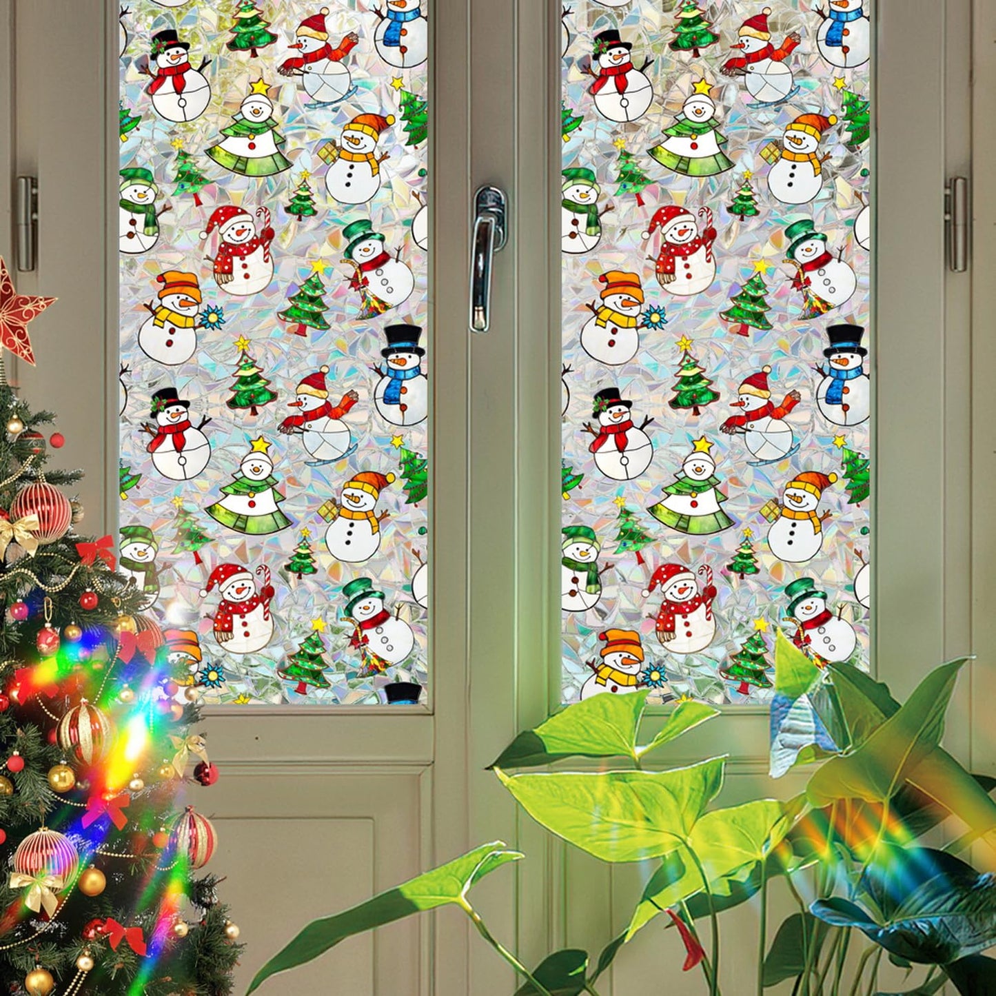 Christmas Window Privacy Film Xmas Stained Glass Decal Snowman Rainbow Windows Clings Decorative Xmas Tree Designs Window Clings Static Windows Film Stickers for Home Office Glass Decor