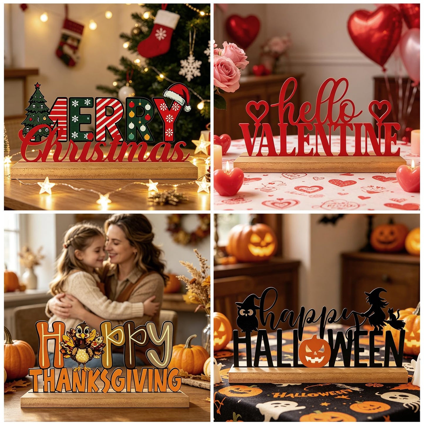 Interchangeable Seasonal Decor Table Sign Set with Wooden Base, 8PCS Holiday & Seasonal Signs for Home Decor, Farmhouse Tiered Tray Decor for Spring Summer Autumn Winter Christmas Halloween