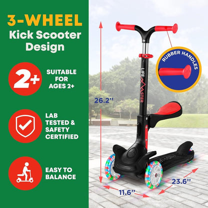 3 Wheel Scooter for Kids - Foldable Seat, Adjustable Handlebar, LED Wheels | Indoor & Outdoor Use, Ages 2+