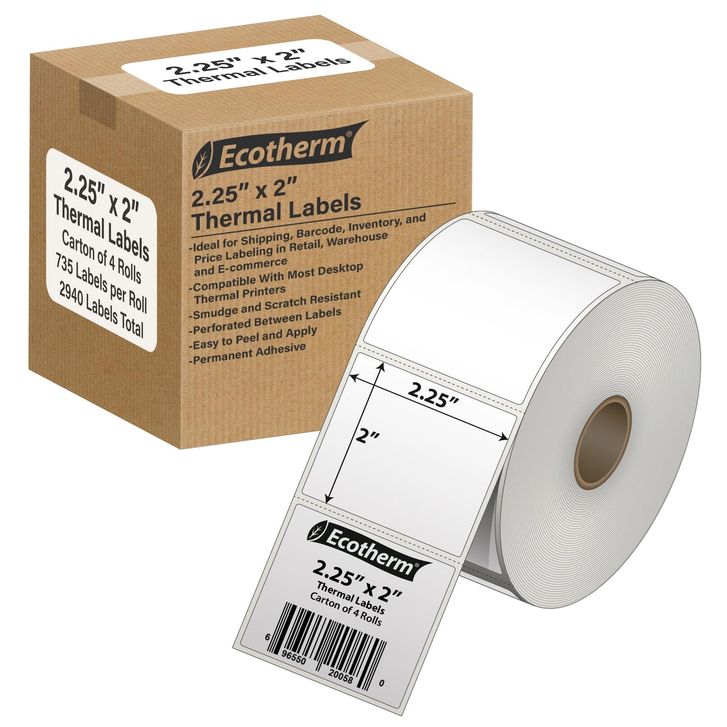 2.25" x 2" Thermal Labels | 4 Rolls | 2940 Labels | fits Zebra, Munbyn, Rollo, Godex, Arkscan, iDPRT, Offnova Thermal Label Printers and More | Blank White Adhesive Stickers by Ecotherm