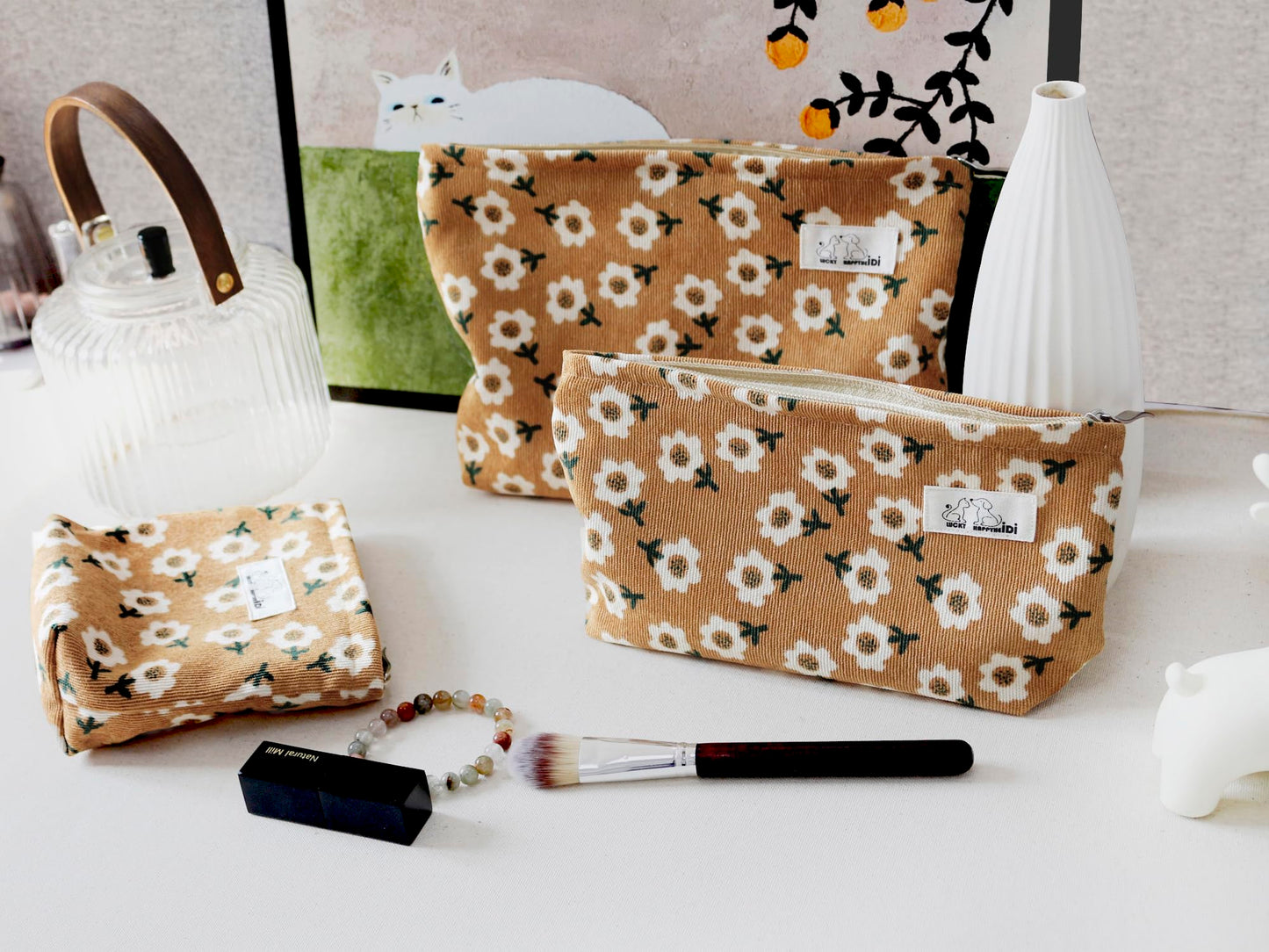 HAPPYHEIDI Floral Makeup Bag Set 3 Cosmetic Toiletry Organizer Zipper Pouch for Purse Tote, Women Girls Gift, Large Medium Small, Kihaki Brown Corduroy