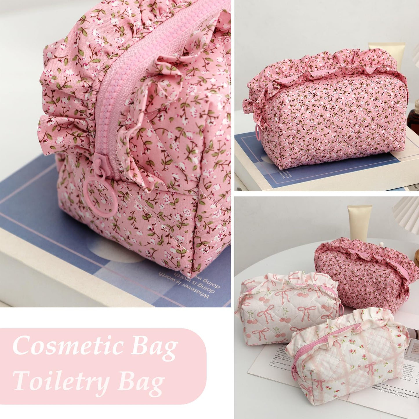 Annpro Cute Makeup Bag Travel Cosmetic Bag for Women,Small Floral Organizer Toiletry Bag Make Up Bags,Coquette Aesthetic Bowknot Toiletry Bag,Soft Cotton Cloth Travel Toiletry Bag (01 Rose Pink)