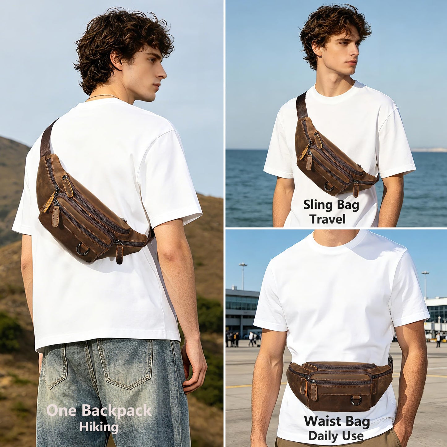 Genuine Leather Fanny Pack HandMade Durable cowhide Waist Bag Lots of Anti-theft zipper pocket Brown