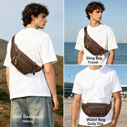 Genuine Leather Fanny Pack HandMade Durable cowhide Waist Bag Lots of Anti-theft zipper pocket Brown