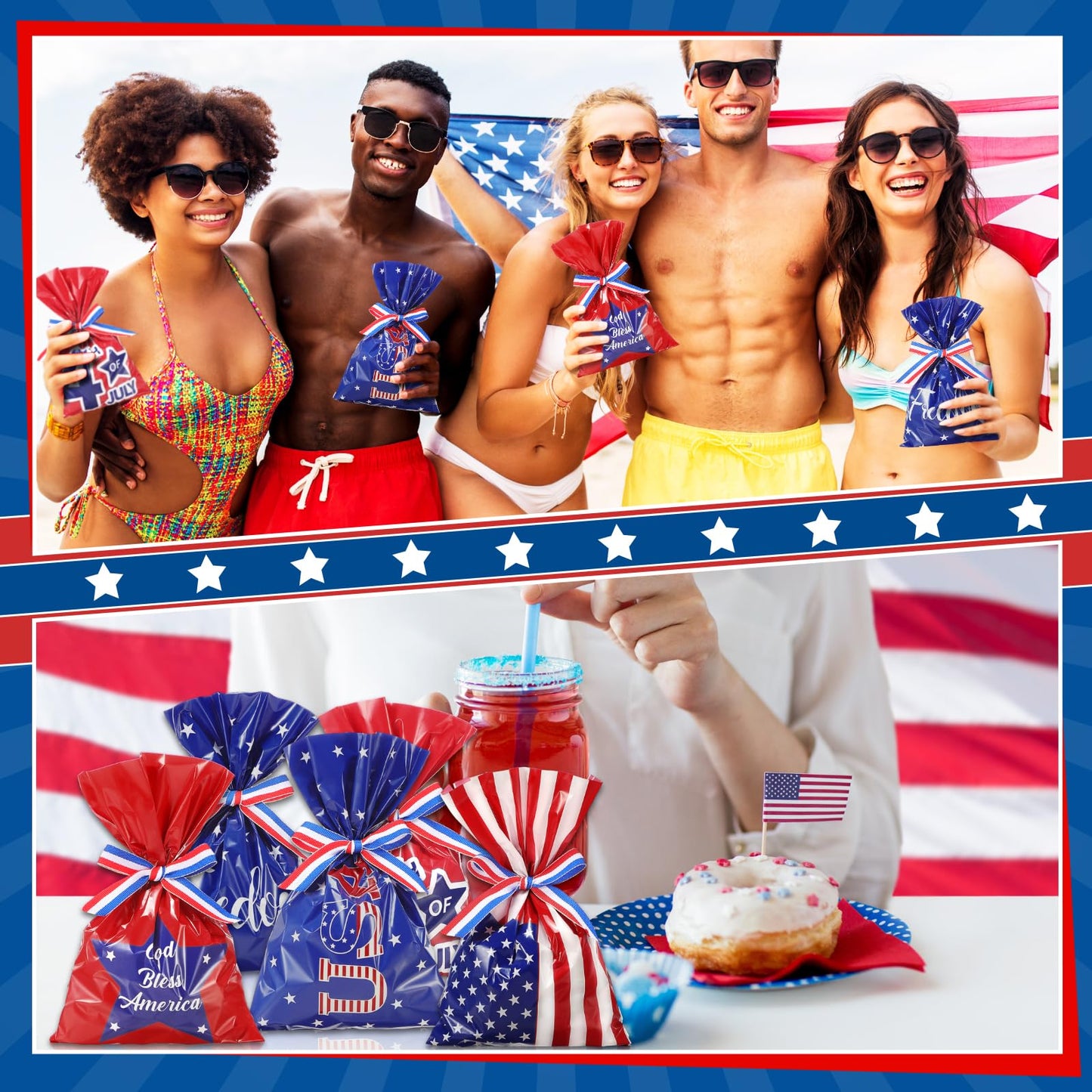 Tenare 100 Pack Christmas Treat Cellophane Bags 6 x 9 Inches Patriotic Goodie Bags Red White and Blue Candy with 40 Yards Ribbon for Christmas Independence Day Memorial Party Favor Supplies