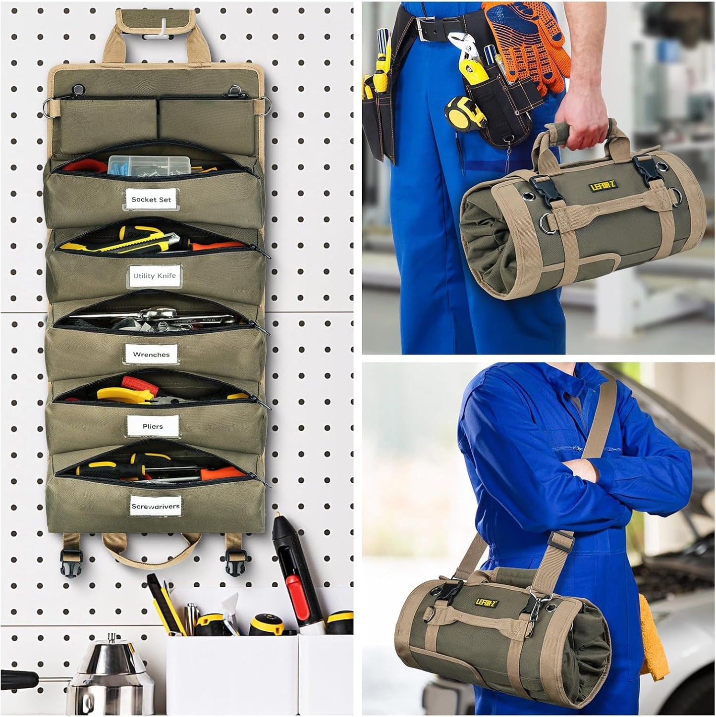 Tool Bag,Large Roll Up Tool Bag Organizer,13 Pockets Tool Roll Storage Pouch,Heavy Duty Portable Tool Storage Carrier Bag for Men,Mechanic,Electrician,Valentines Day Gifts for Men,Olive Green