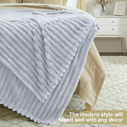 decorUhome Soft Fleece Light Grey Blanket King Size for Bed, Cozy Fluffy Plush Flannel Large Striped Throws for Couch Sofa, Lightweight Decorative Fuzzy Blanket for Woman, 108x90 Inches