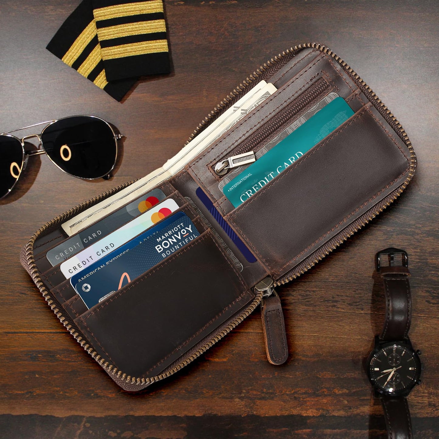 Polare Full Grain Leather Wallet for Men Bifold RFID Blocking Cash Credit Card Case with Air Tag Slot and YKK Zip Coin Pocket (Dark Brown with AirTag Slot)