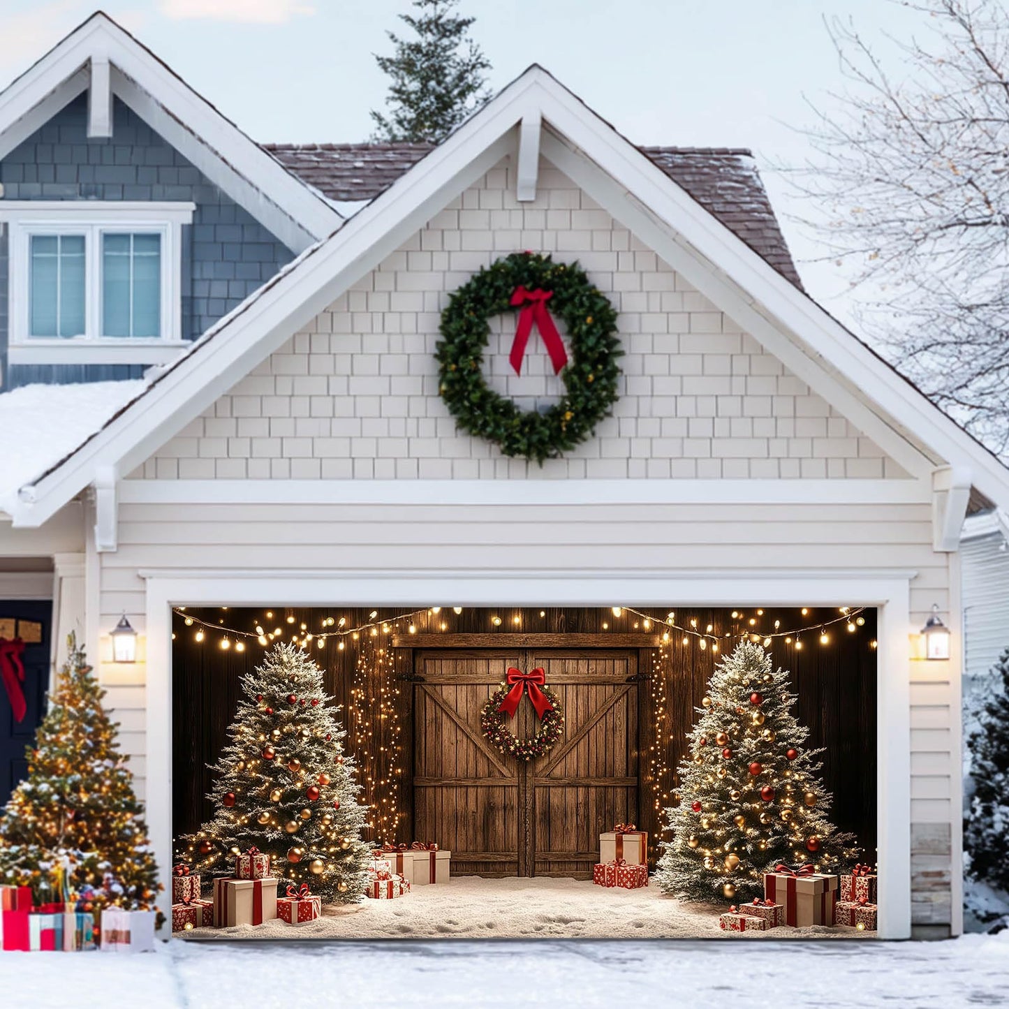 HOMETITUTE Christmas Garage Door Banner 13x6ft Wooden Wall Style Holiday Decoration with Xmas Trees Gift Boxes Snowflakes Hanging Lights andfor Outdoor Yard or Wall Backdrop