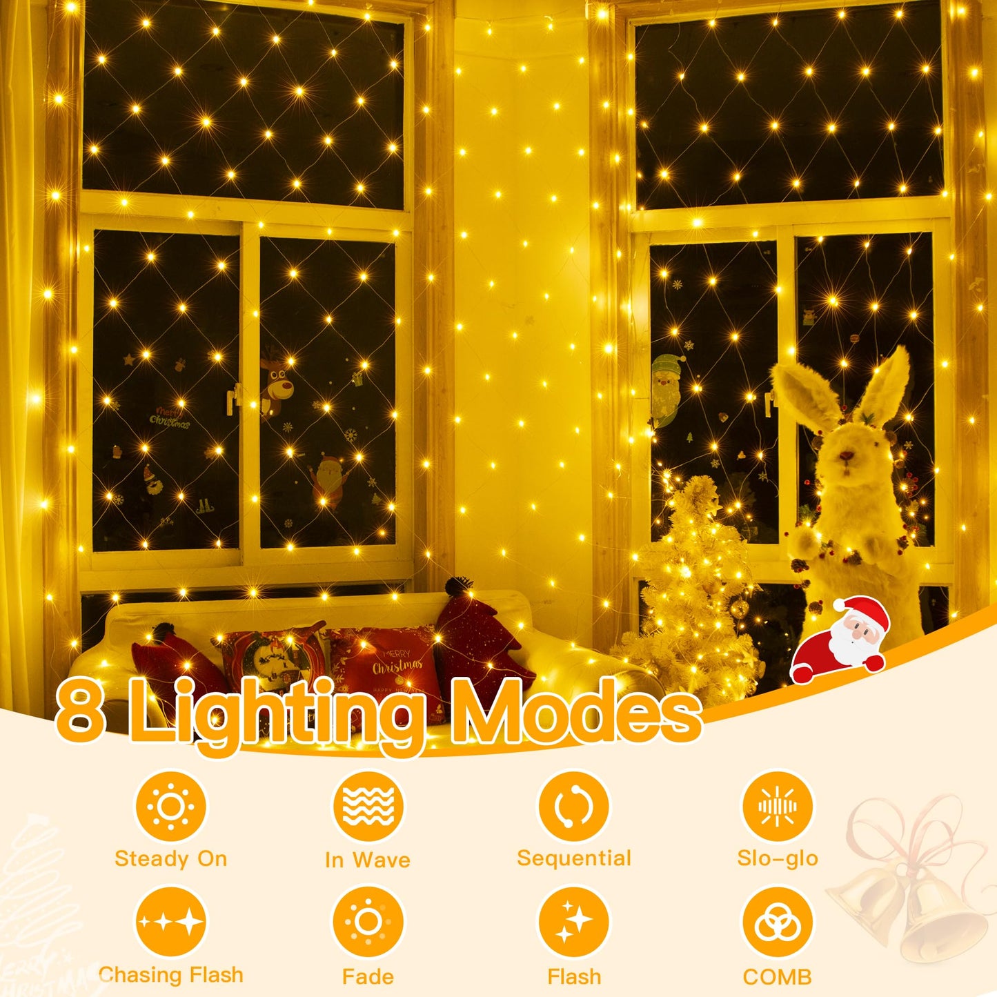 Ollny Net Lights Outdoor Mesh Light 10x7ft, 210LED Clear Wire Connectable Christmas Net Lights with 8 Modes, IP67 Waterproof Bush Light for Tree Wall Ceiling Outside Decorations, Warm White