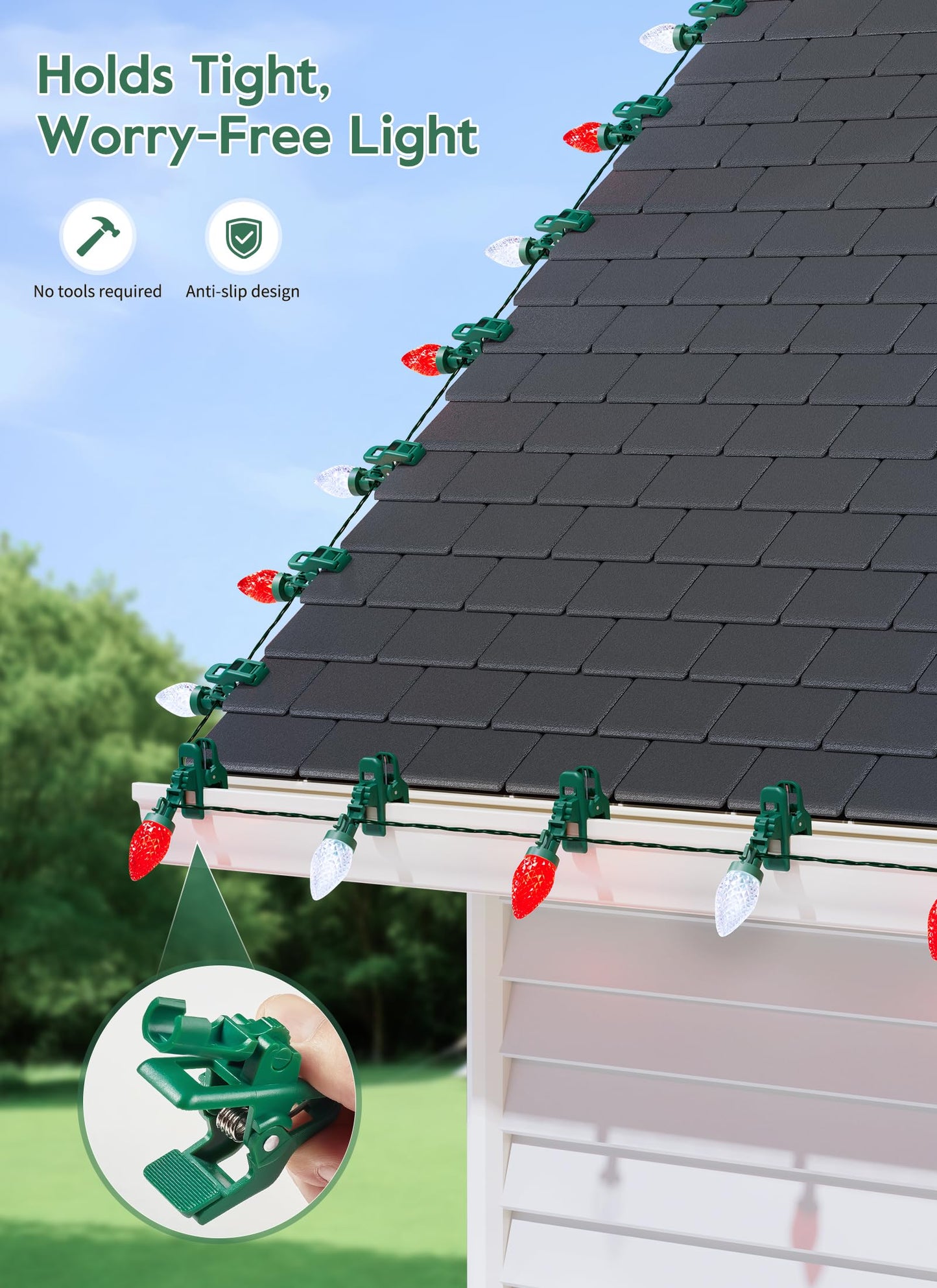 C9 LED Christmas Lights Outdoor, 99 Feet 150 LED C9 String Lights with 150 Spring Clips, Waterproof Connectable Christmas Tree Lights for Outside Roofline Patio Home Xmas Decor, Red & Pure White