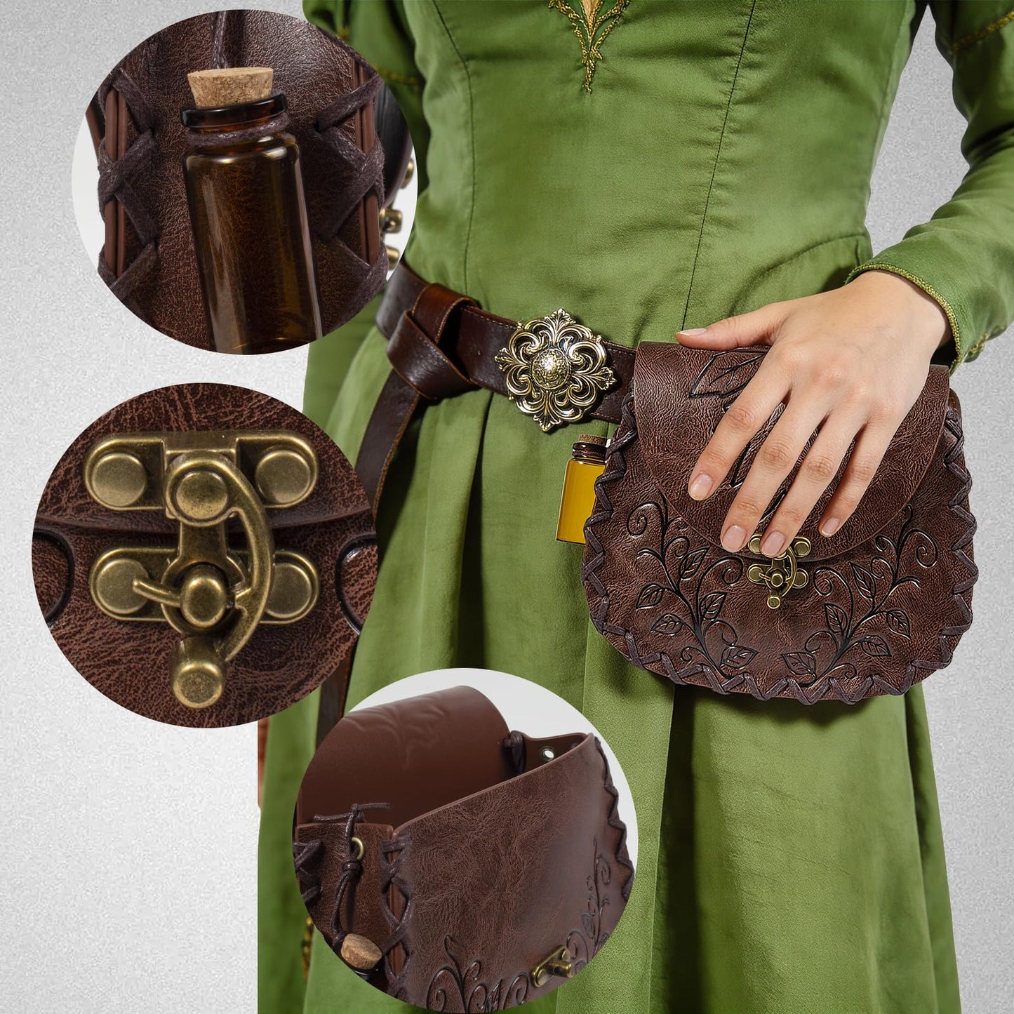 Retro Belt Pouch Medieval Retro Faux Leather Renaissance Costume Forest Elf Leaf Belt Bag Ren Faire Casual Waist Bag (Brown)