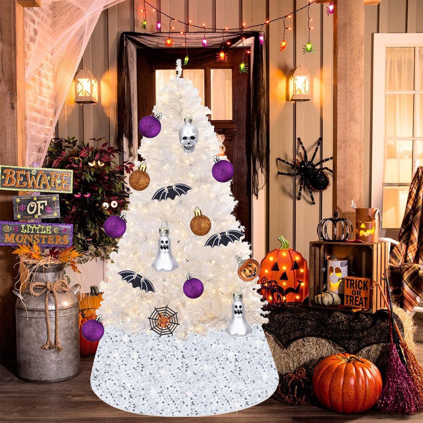 SOMUAUY Christmas Tree Collar Silver White Tree-Collar 24 Inch Halloween Christmas Tree Collars for Artificial Trees Sequin Halloween Tree Skirt for Xmas Tree Ornaments Tree Base Party Home Decor