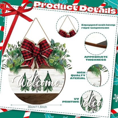 Boao Christmas Door Decorations Wooden Merry Christmas Welcome Front Door Sign Hanger with Red Buffalo Plaid Bow Xmas Wreaths for Outdoor Porch Farmhouse Decor