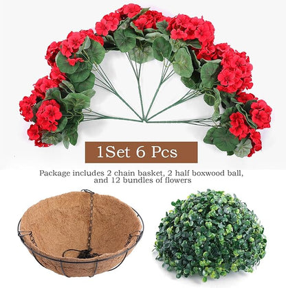 Hananona 2 Set Artificial Red Geraniums Flowers for Outdoors with Hanging Baskets, 2 Hanging Planters with 12 Pcs Red Geranium Flowers for Christmas Front Porch Garden Patio Home Decor (2, Red)