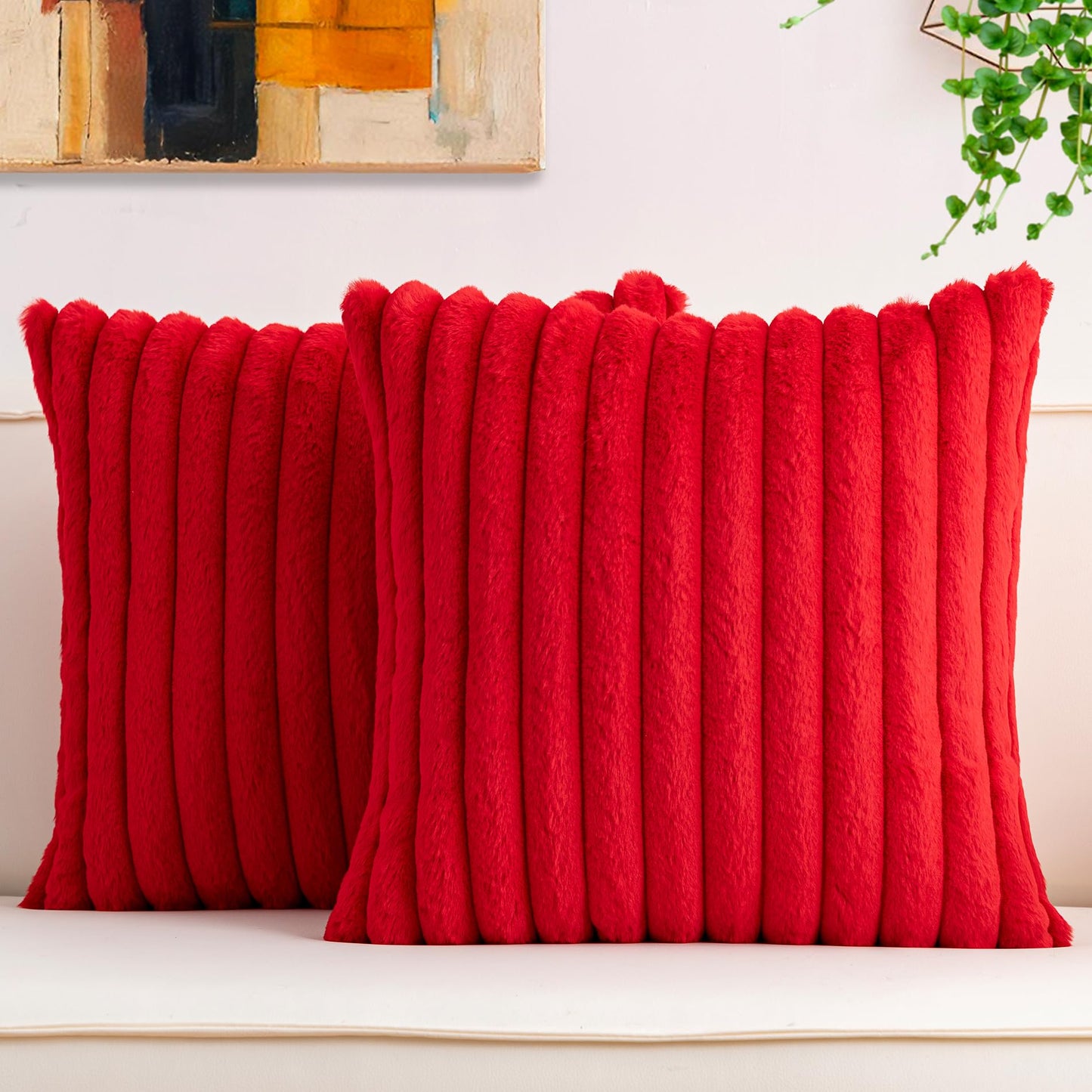Aegero Pack of 2 Faux Fur Christmas Throw Pillow Covers 18x18 Inch, Soft Plush Striped Neutral Couch Pillow Cover, with Velvet Back Modern Home Decor for Sofa Living Room Couch Bed Red