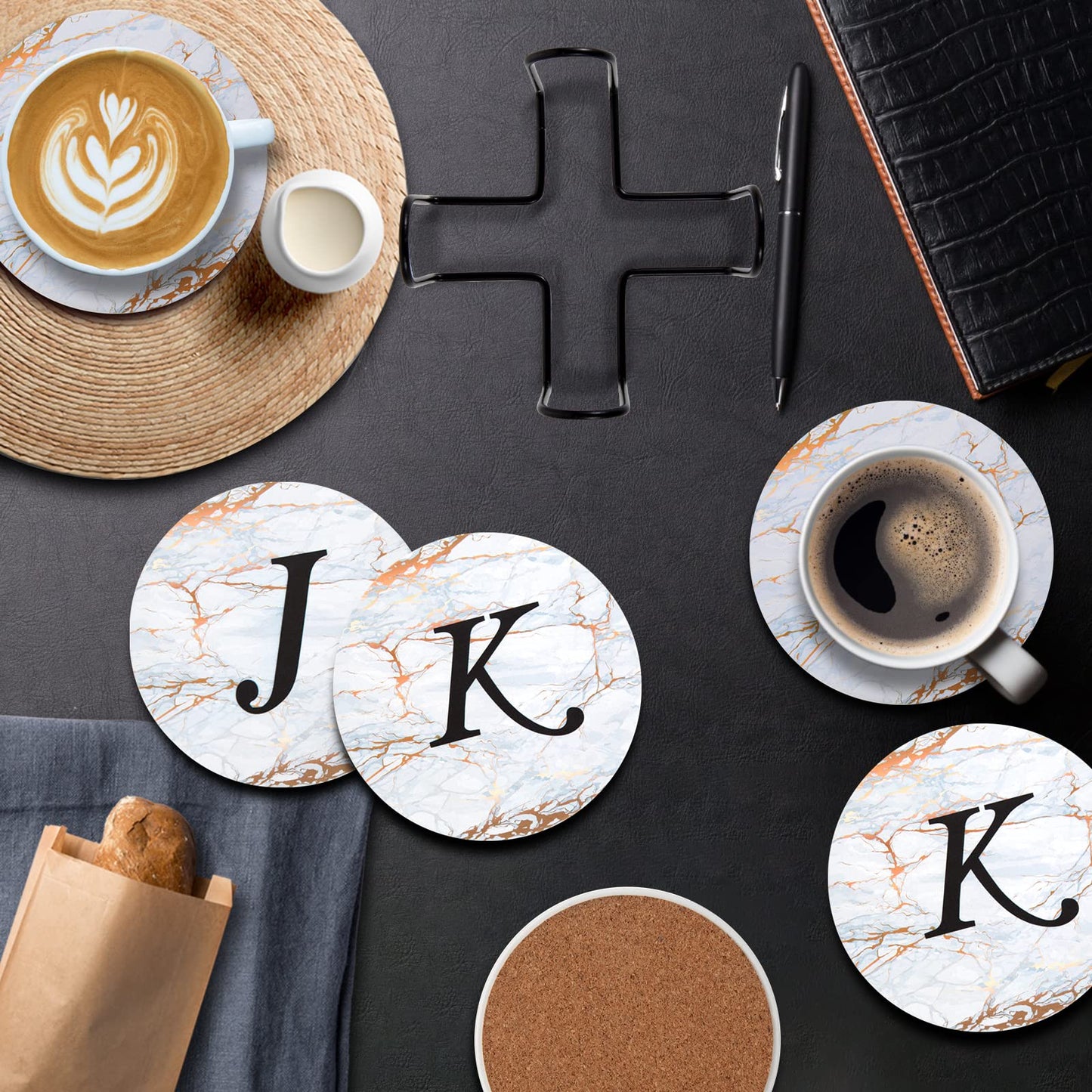 Monogrammed Coasters for Drinks Absorbents with Holder, Set of 6 Ceramic Marble Style Drink Coaster with Cork Base,Personalized Coasters Customizable with Name, Housewarming Gifts