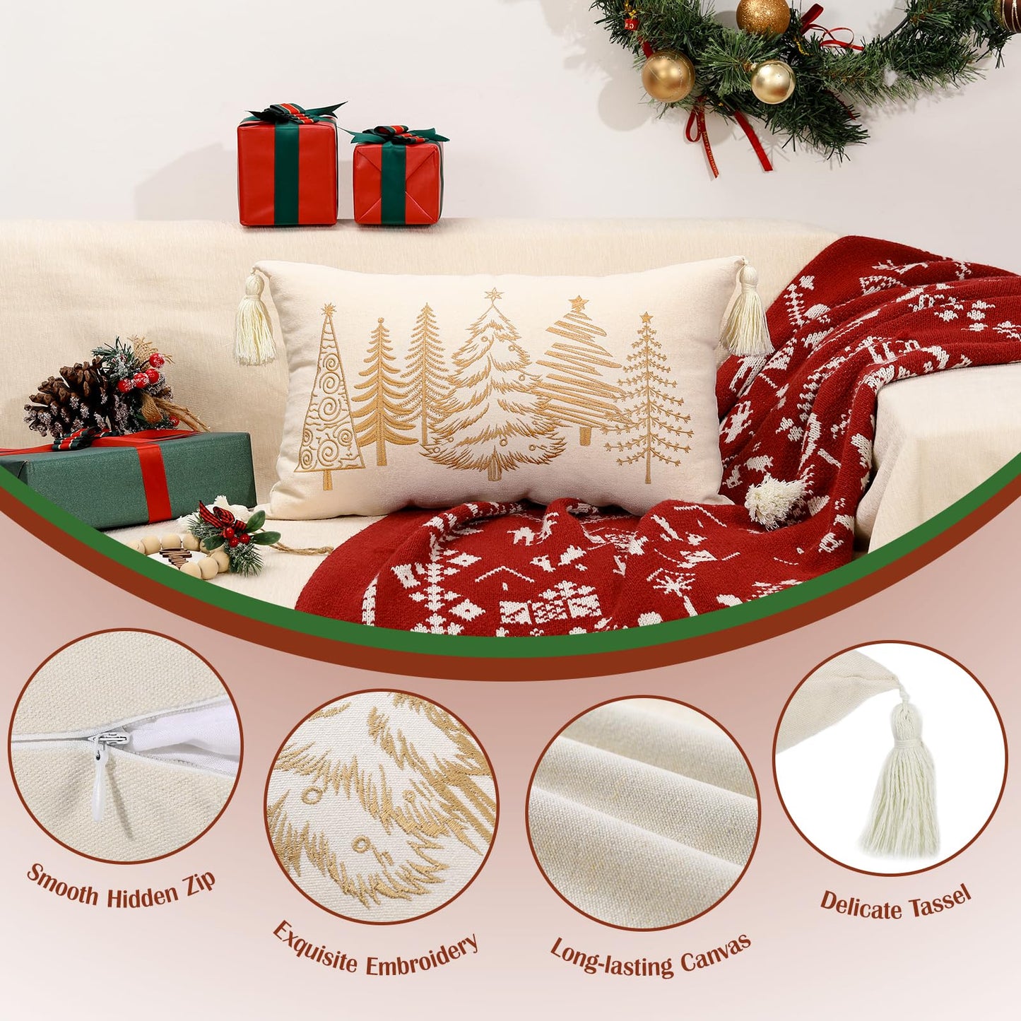 Lewondr Christmas Pillow Cover, 12x20 Inch 1PCS Soft Canvas Embroidery Trees Brown White Decorative Pillow Cover with Tassel Luxury Throw Pillow Case for Bed Home Decor Living Room, Beige