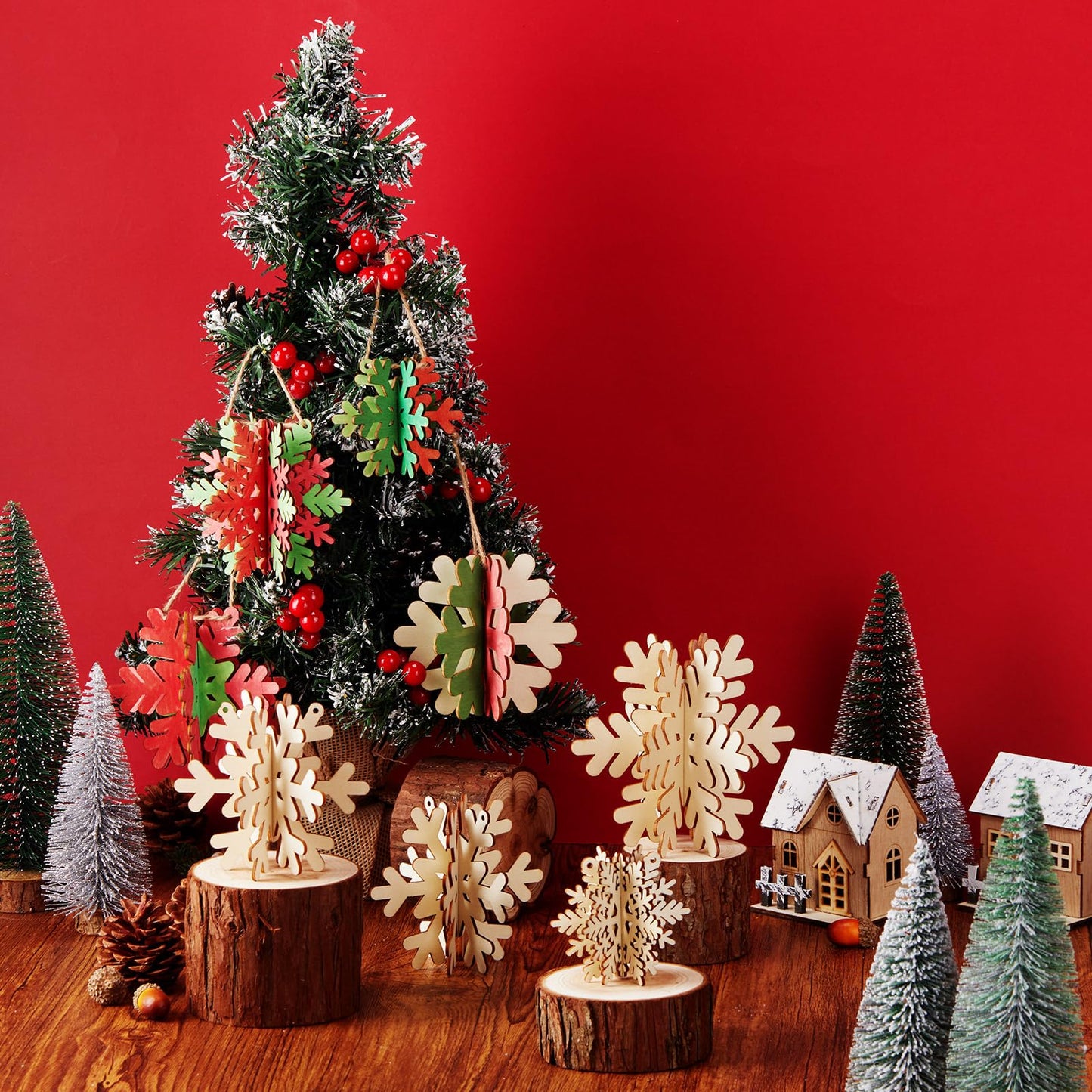 Chunful Wooden Snowflake Table Decor DIY 3D Snowflake Table Centerpiece Winter Unfinished Wood Cutouts Tabletop Crafts Wonderland Decoration for Winter Holiday Tiered Tray Decorations