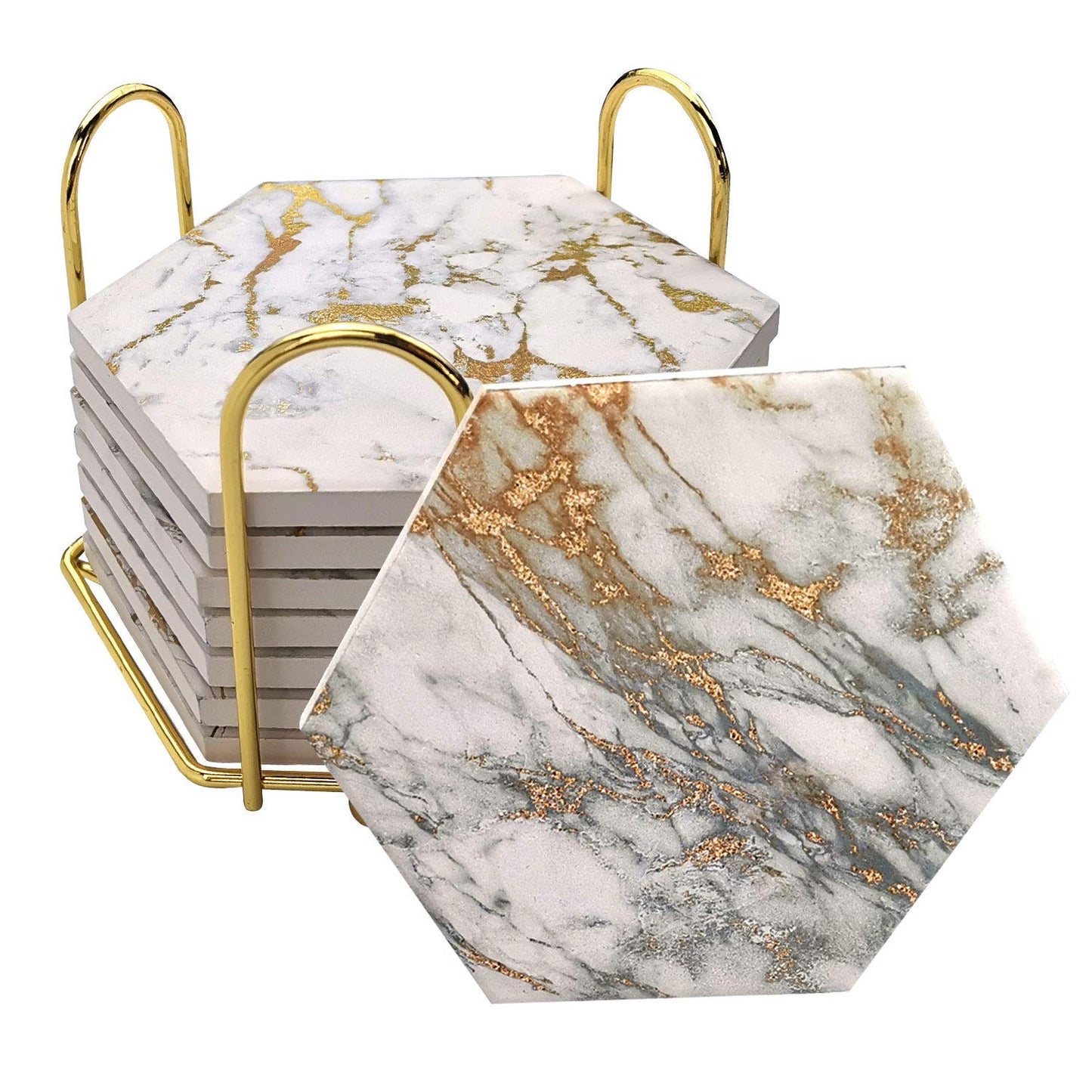 Coasters Set of 8 with Metal Holder Stand, Marble Design Ceramic Coaster Set, Cork Base, Gold Home Decor for Tabletop Protection, Gold Decor, Bar Cart Accessories (Golden)