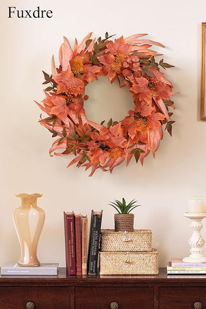 Fall Wreath for Front Door-20 Autumn Front Door Wreath-Fall Decorations with Berry Maple Leaves for Porch Window Farmhouse Halloween Thanksgiving Harvest Festival Home Decor