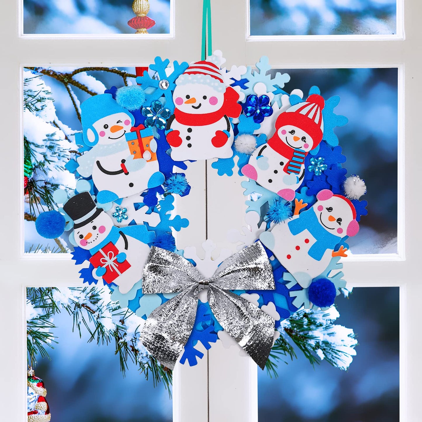 Winlyn 12 Sets Winter Crafts DIY Christmas Snowflake Wreath Ornaments Decorations Art Sets Snowman Santa Foam Stickers for Kids Classroom Activities