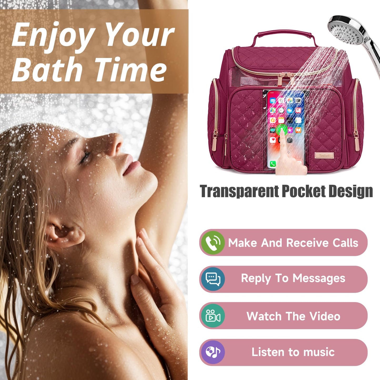 Tealari Large Toiletry Bag for Women Men,Bathroom Bag,Water Resistant Shower Bag,Makeup Bag,Portable Shower Caddy for College Dorm,Hanging Travel Toiletry Bag with Transparent Waterproof Phone Pocket