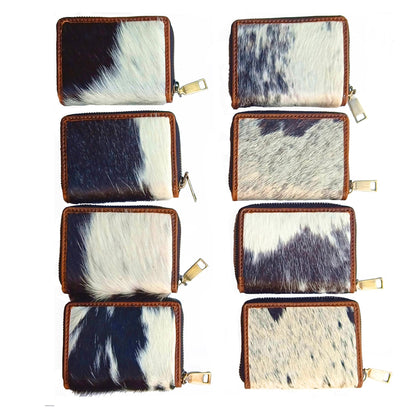 ESS Cowhide Leather Hair-On Wallet Women Small Zip Accordion Card Holder RFID Compact Organizer with Coin Pocket Secure Zipper Stylish Gift Pouch Minimal Everyday Carry
