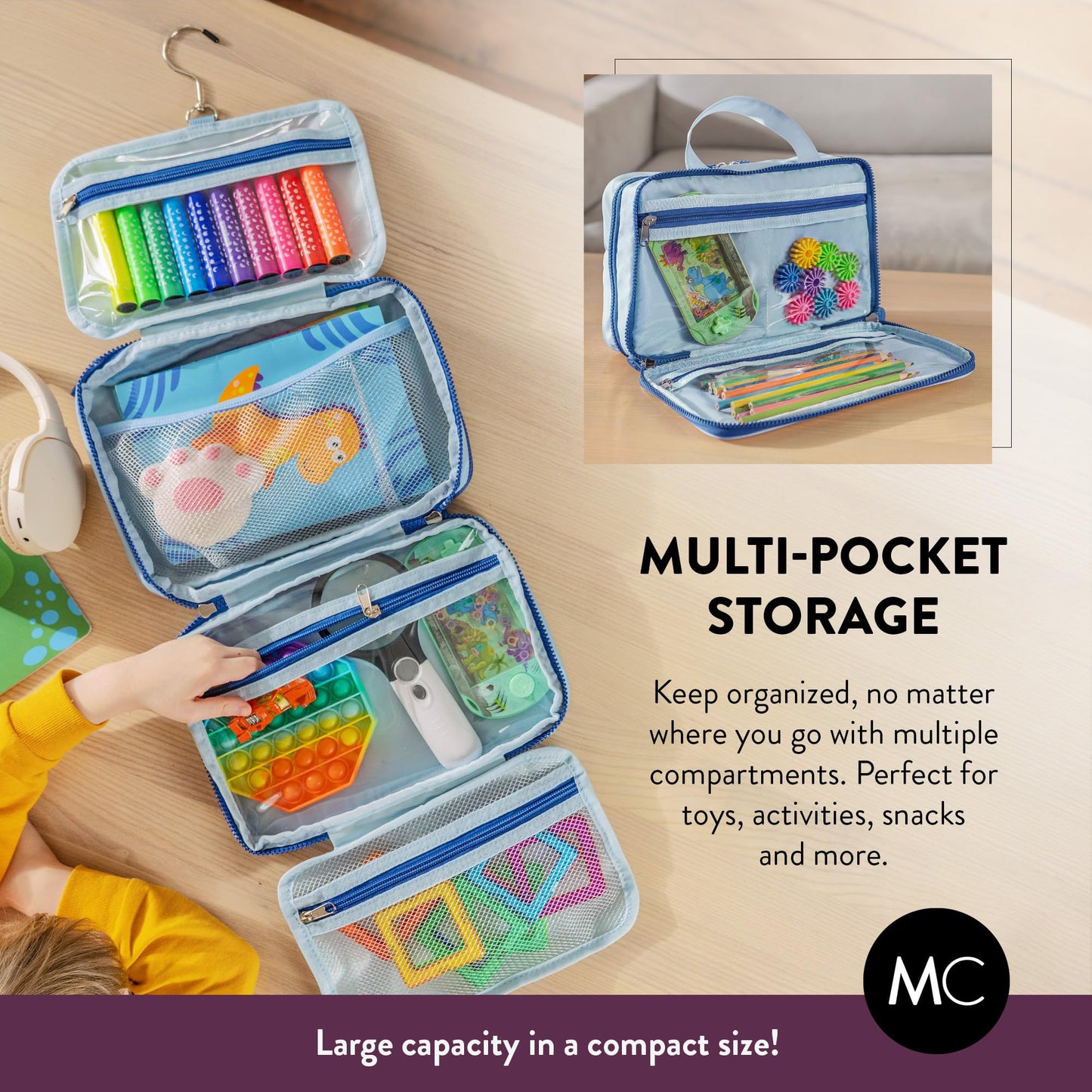 Kids Travel Organizer – Multi-Compartment, Water-Resistant Hanging Bag for Toys, Snacks, & Activities - Compact, Lightweight Design with Hook & Carry Handle - Perfect for Travel Use (Blue, Small)