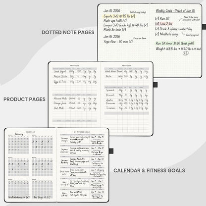Workout and Food Journal - Fitness Tracker & Exercise Log Book | A5 Size, Leather Hardcover (Black)