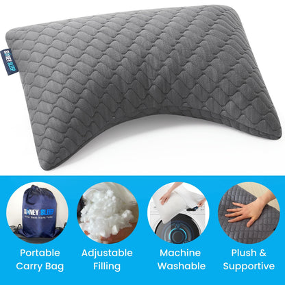 Sidney Sleep Mini Travel Size Neck Pillow - Knee, Back Lumbar and Support - Small Curved Pillow - 14 x 19 Inches - Adjustable Loft - Washable - Drawstring Backpack Included (Mini - Grey)