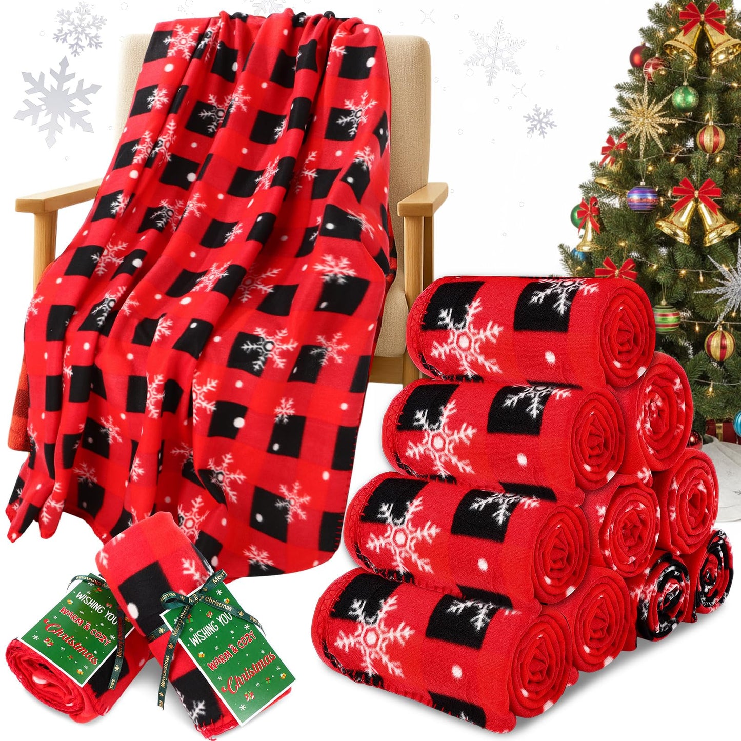 HunnmingRe 12 Set Christmas Fleece Throw Blanket Bulk Xmas Gift Set Include Merry Christmas Ribbon and Gift Card 50 x 60 Inch Holiday Blanket for Couch Sofa Winter Travel Decoration