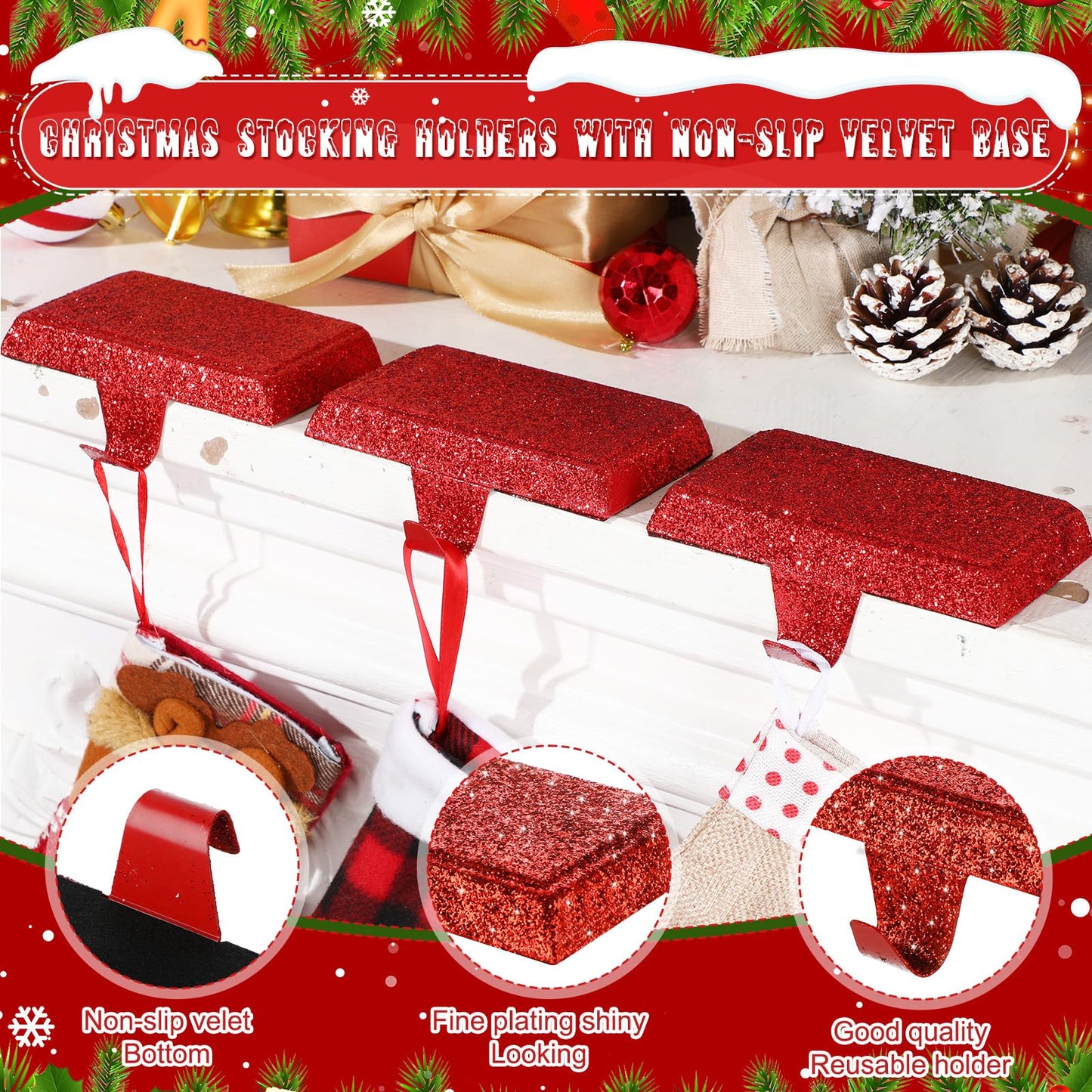 Huwena Metal Christmas Stocking Holders Shiny Mantel Heavy Duty Stocking Hooks Glitter Hanging Hangers Christmas Ornaments for Fireplace Window Mantle Table Decoration(Stylish,Red,4 Pcs)