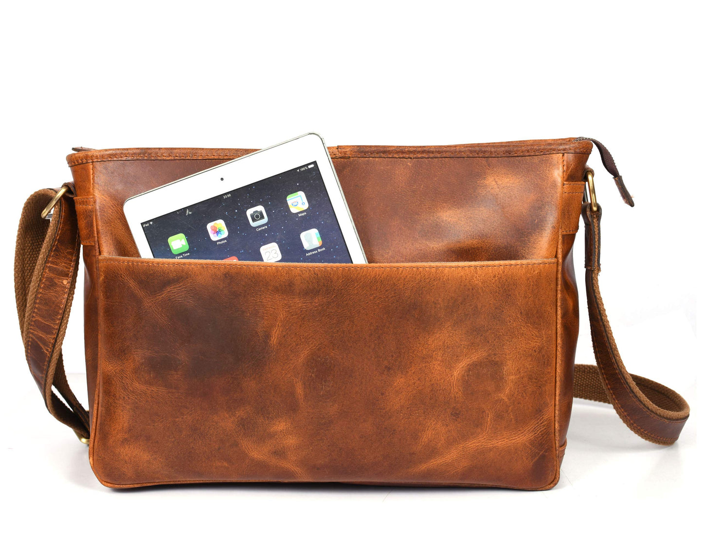 16" Crossbody Bag Leather Laptop Messenger Bag For Men with trolley sleeve for school office (Caramel)