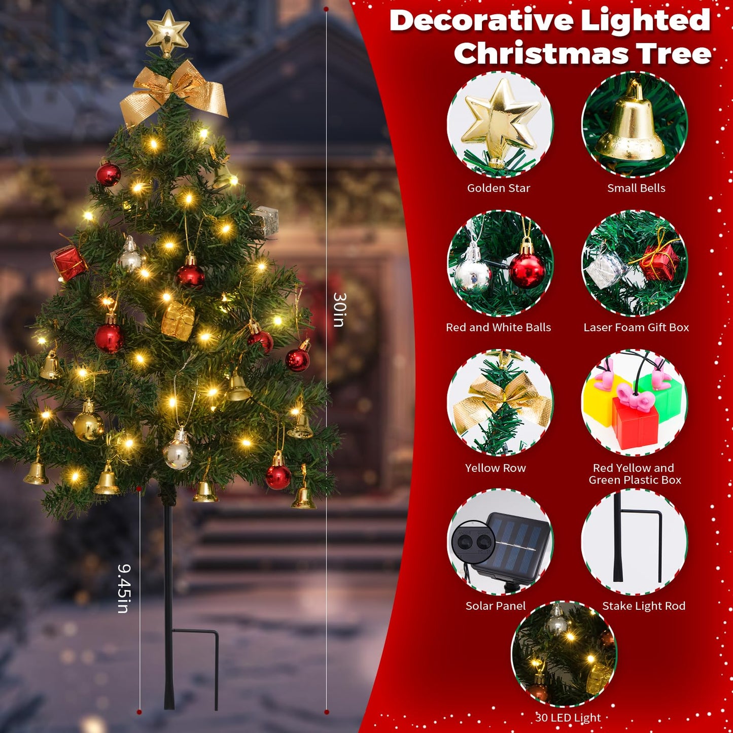 2 Pack Solar Mini Christmas Tree Decorations Lights, 30 Inch 8 Flashing Modes Waterproof Xmas Decor, 60 LED Lights with Ornaments 6 Gift Boxes for Yard Garden (2 Pack, Warm White Green Tree)