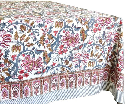 ATOSII Eden 100% Cotton Fall Tablecloth, Handblock Floral Print Rectangle Linen for Kitchen Dining I Parties Wedding Christmas Thanksgiving Outdoors I Spring Summer 60 X 108 Inches I 8 Seater Table