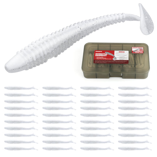100pcs Swimbaits Paddle Bulk Lure Kit, Soft Fishing Lures for Bass Trout Crappie, Durable Swimmer for Saltwater/Freshwater（Silvery White, 3in）