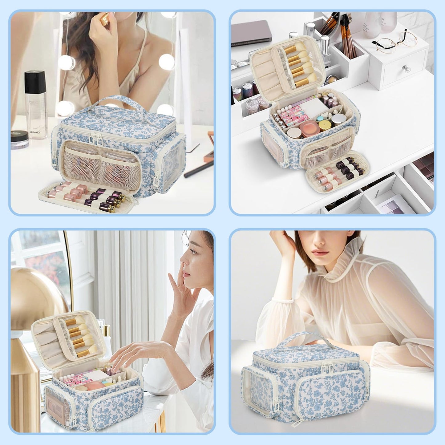 Makeup Bag with Multi-Pockets,Travel Cosmetic Bag with 2 Transparent Side Pockets for Easy Small Item Finding, Enlarged Internal Compartments, Large Capacity Waterproof Bottom Makeup Organizer -Floral