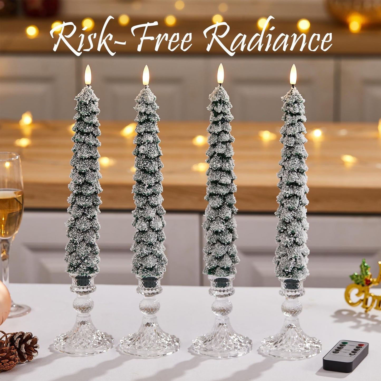 Velsyn 4 Pack Christmas Tree Candles Covered in Snow with Remote, 11 Inch Real Wax flameless Taper Candles, LED Candle Battery Operated with 3D Flickering Flame, Green Candlesticks Christmas Decor